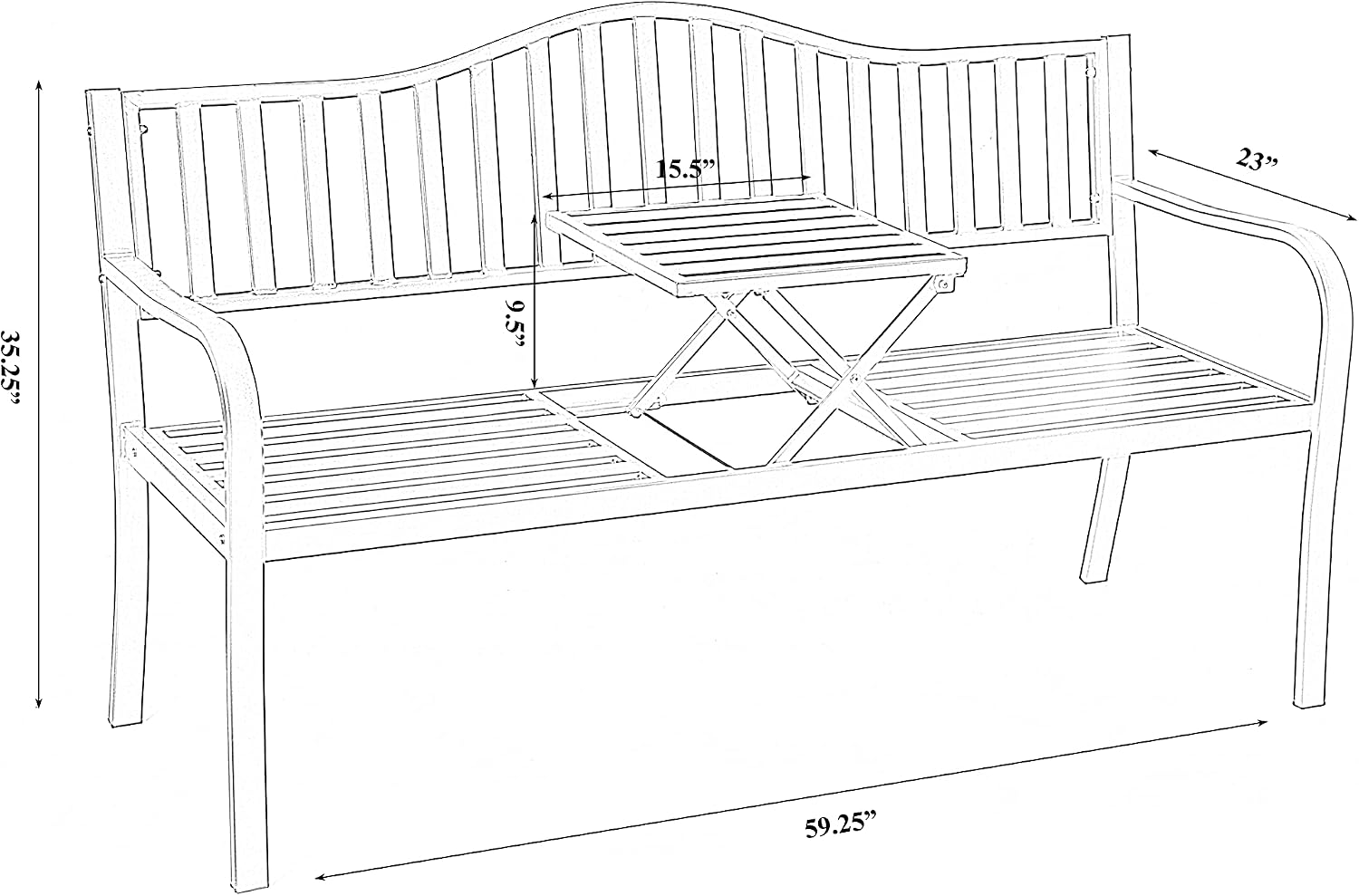 Powder Coated Black Steel Patio Garden Park Yard Bench with Middle Table