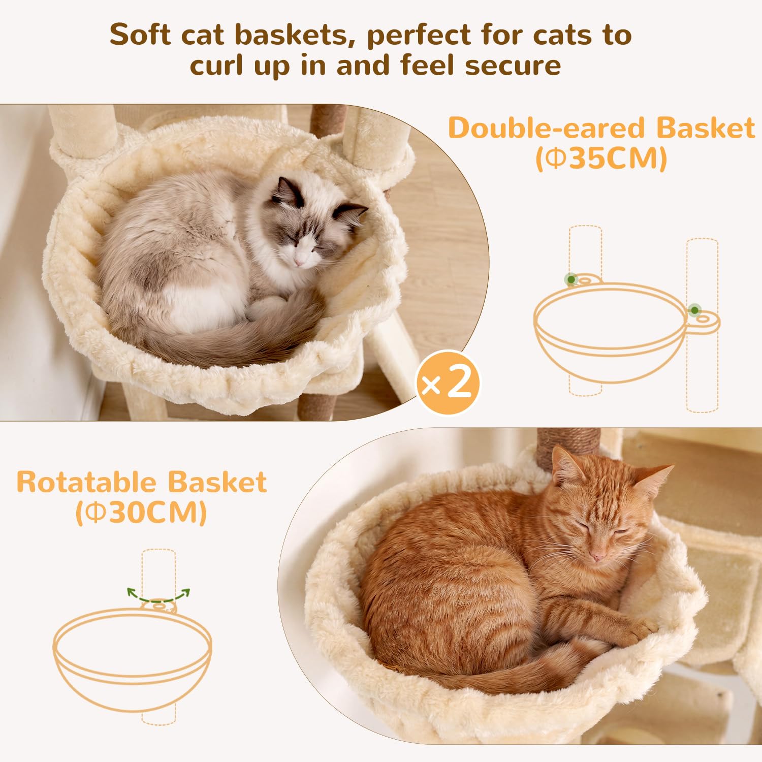 Globlazer Arbre à Chat XXL pour 3-4 Grand Chats 200 cm avec 2 Immense Niches, Rembourré Plateformes 50 * 30 * 30CM, 3 Panier, Planche Sisal, Stable Arbre a Chat pour Plusieur Chat Adulte (F78, Beige)