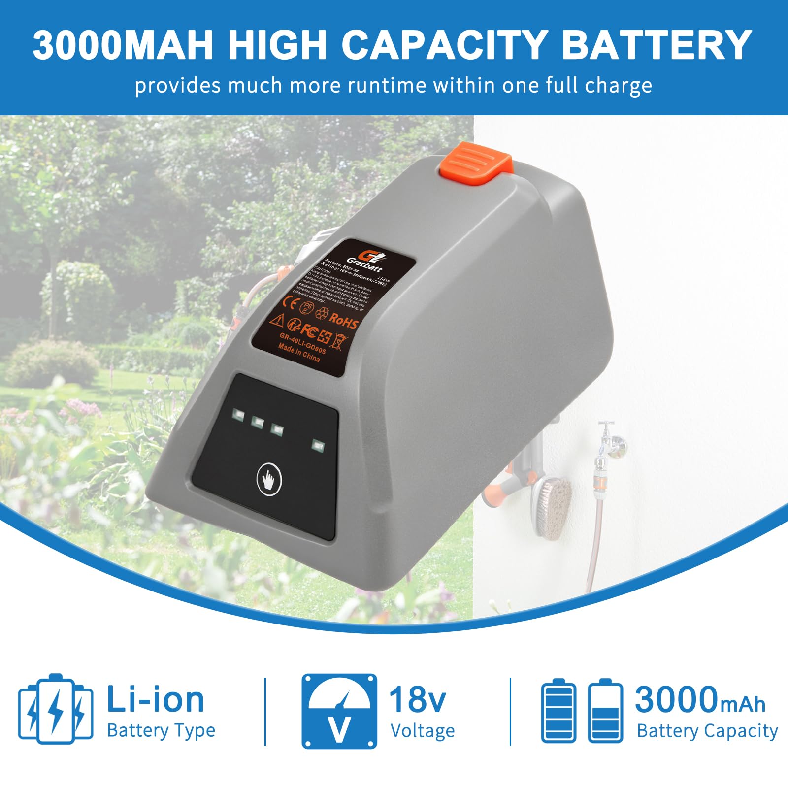 Batteria di ricambio da 18V 3,0Ah per Gardena 18V batteria 008A231 per Gardena 8025-20 Comfort Box 35 avvolgitubo elettrico automatico Li