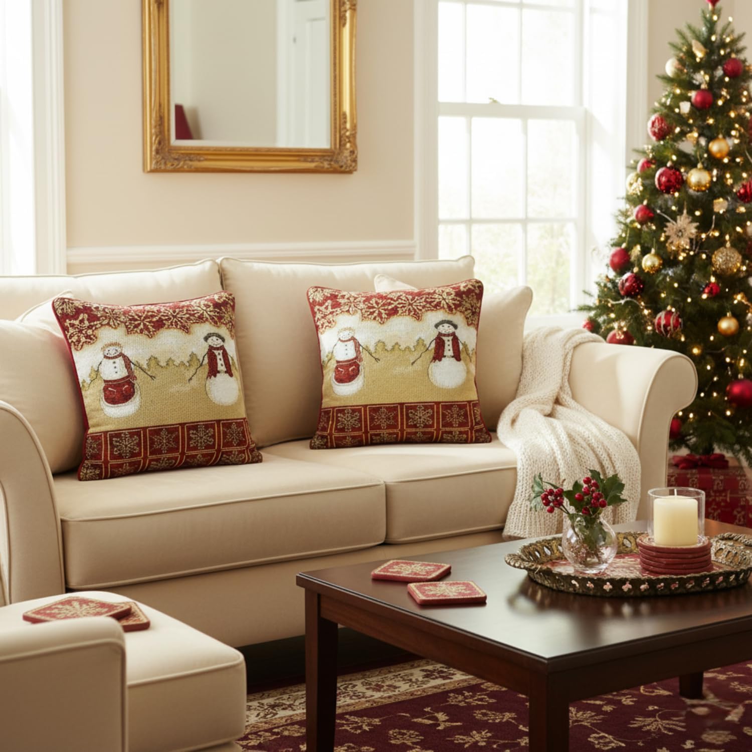 Tache Mr. & Mrs. Snowman Cushion Cover Vintage Christmas Eve Holiday Snowflakes Traditional Red White Winter Decorative Woven Tapestry Throw Pillow Cover, 16 x 16, 2 Pieces