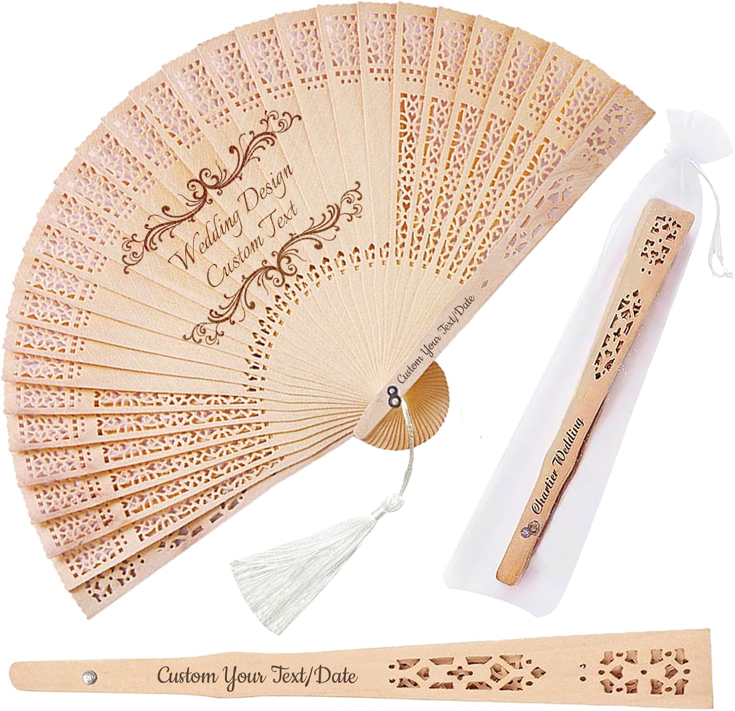 Personalized Wedding Fans for Guests Custom Wooden Folding Handheld Fans Bulk with Organza Bags Tassels for Wedding Graduation Party (50)