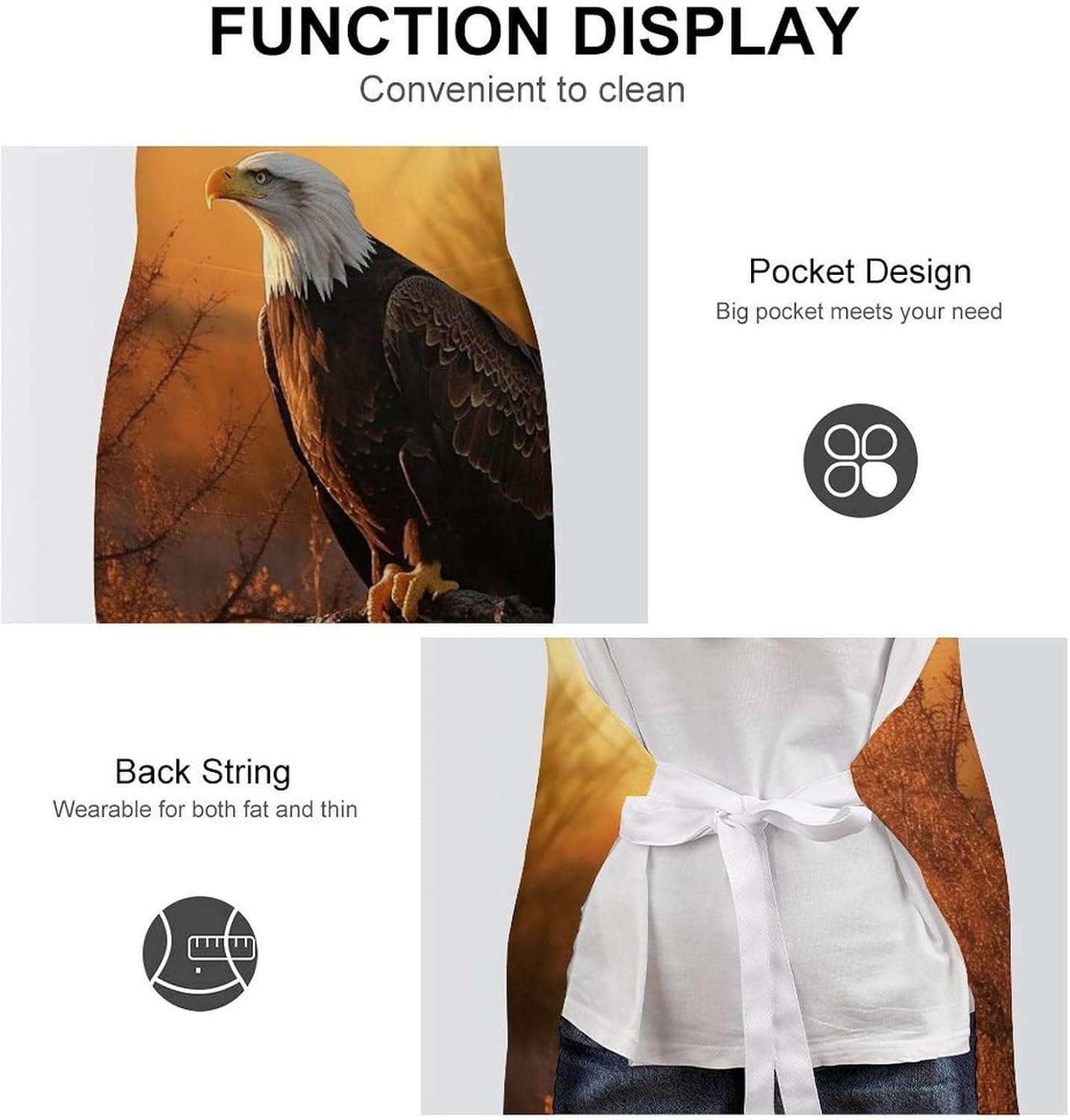 Golden Sunset Bald Eagle Chef Aprons with Pockets Personalized Adjustable Bib Apron for Men Women Fashion Waterproof Cooking Aprons Cute Funny Kitchen Apron for Work Home&Gift