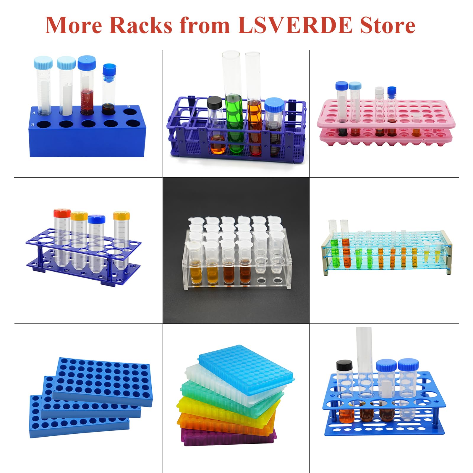 Soportes de tubos de ensayo para tubos de ensayo (10 ml/15 ml/50 ml, soporte de plástico extraíble, 128 cavidades