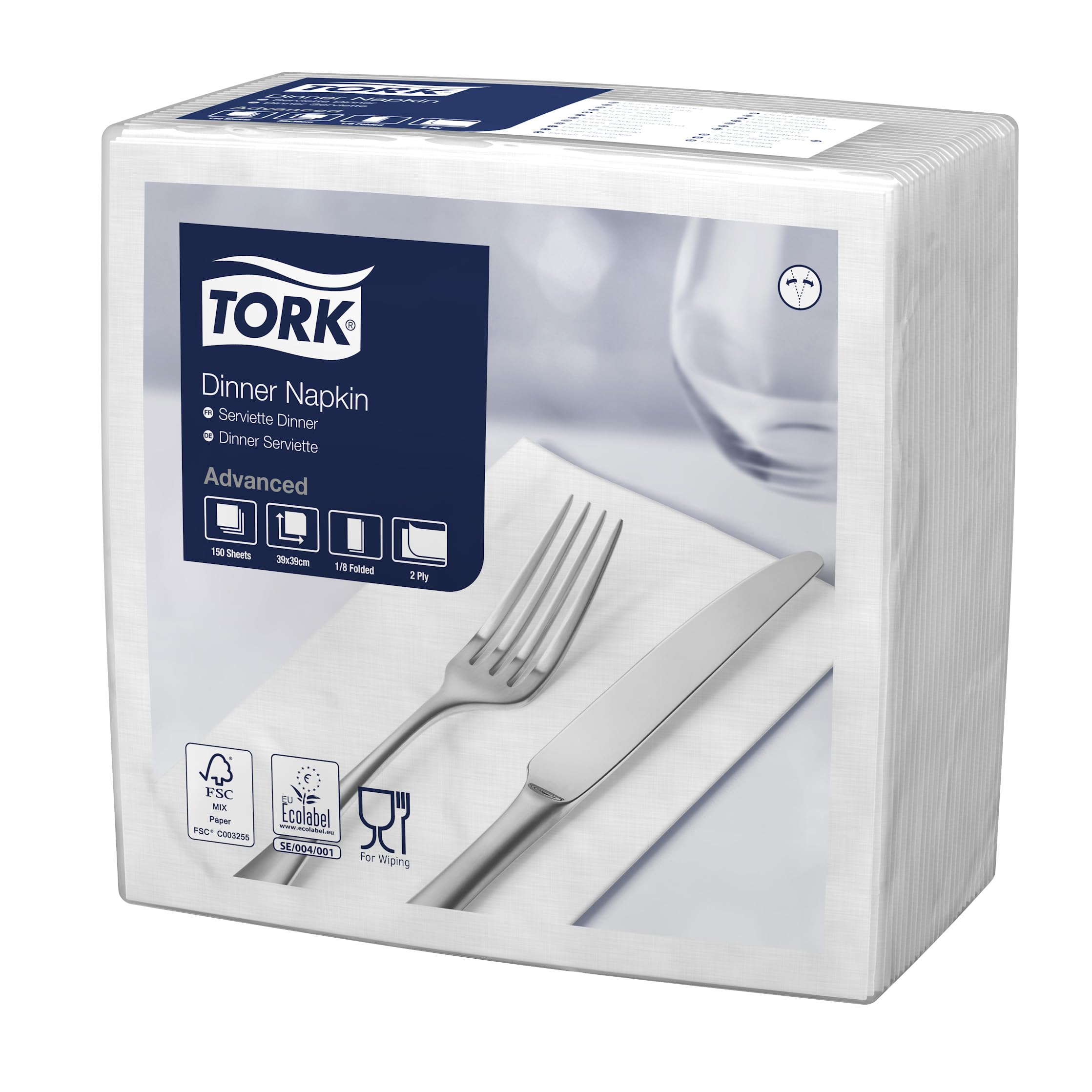 Tork Biała Serwetka Obiadowa, Składana 1/8, 2-warstwowa, 39 cm x 39 cm, 12 x 150 serwetek, 477554