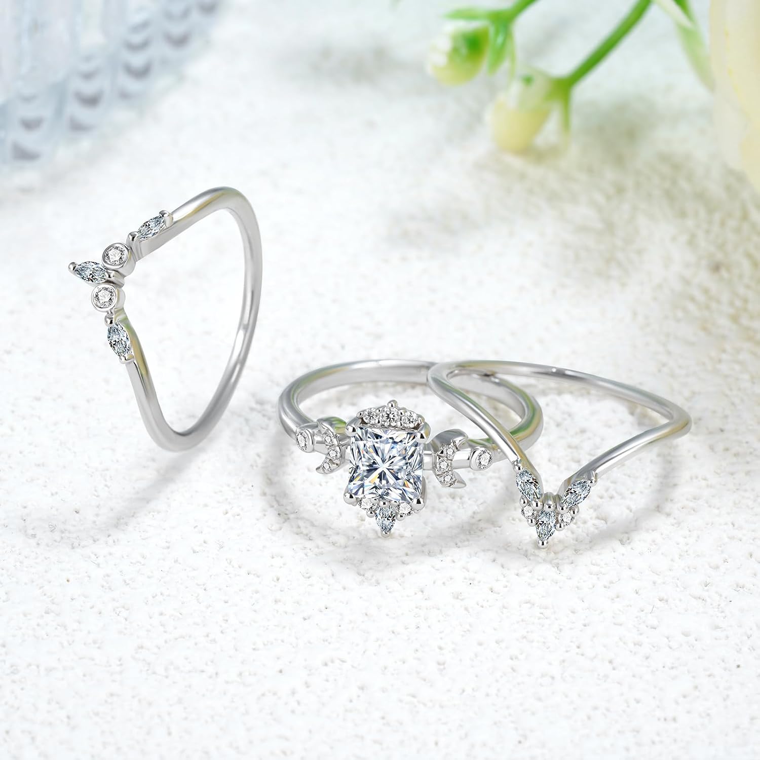 Triple Moon Ring Moissanite Wedding Ring Set for Women, 3 Pcs 10K 14K 18K Gold Princess Cut Moissanite Engagement Rings Bridal Set for Women Anniversary Jewelry Gift