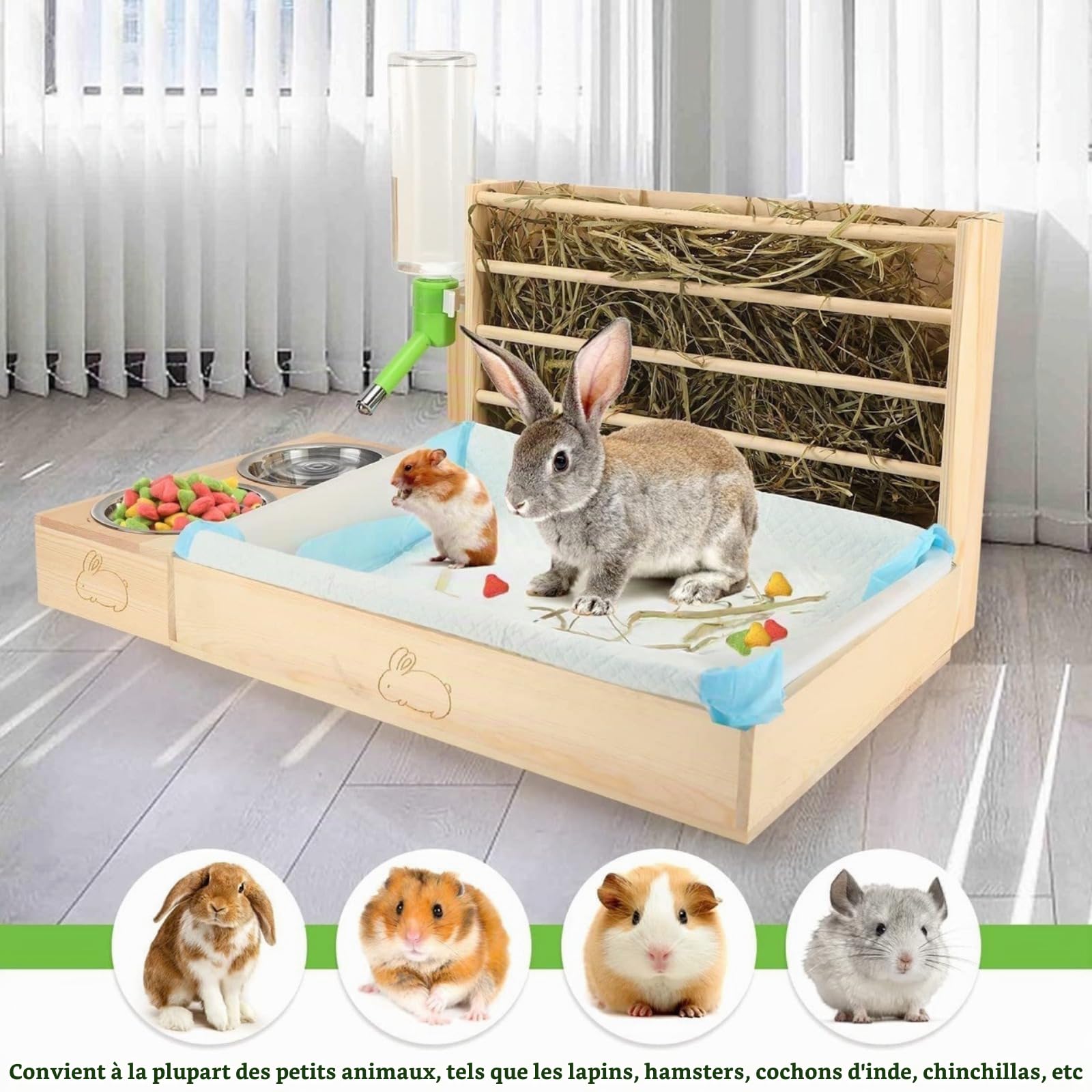 Mangeoire à Foin pour Lapin, mangeoire à Lapin en Bois avec bac à litière et Bols, ratelier foin lapin,mangeoire lapin,litiere lapin,ratelier foin,mangeoire à Foin pour Lapins, Petits Animaux de Compa