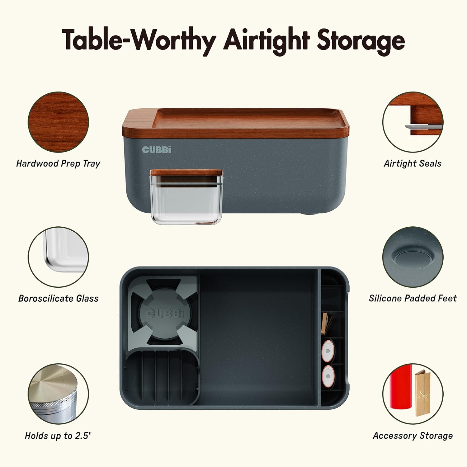 Cubbi - Airtight Box with Tray - Silicone Seals - 100% Air-Tight Storage Box with Accessories – Grey
