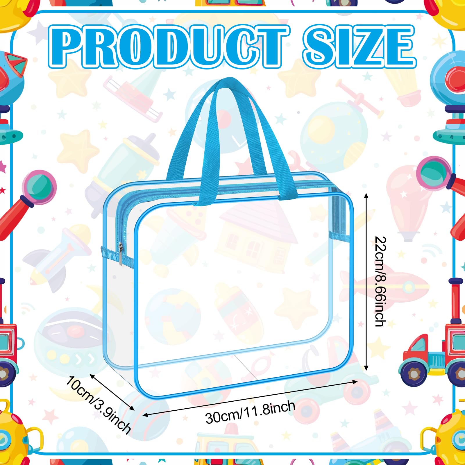 Confezione da 6 sacchetti con cerniera per giocattoli, con manici, 30 x 21 x 9 cm, trasparenti, impermeabili, in PVC, per riporre oggetti da toeletta (6 colori)