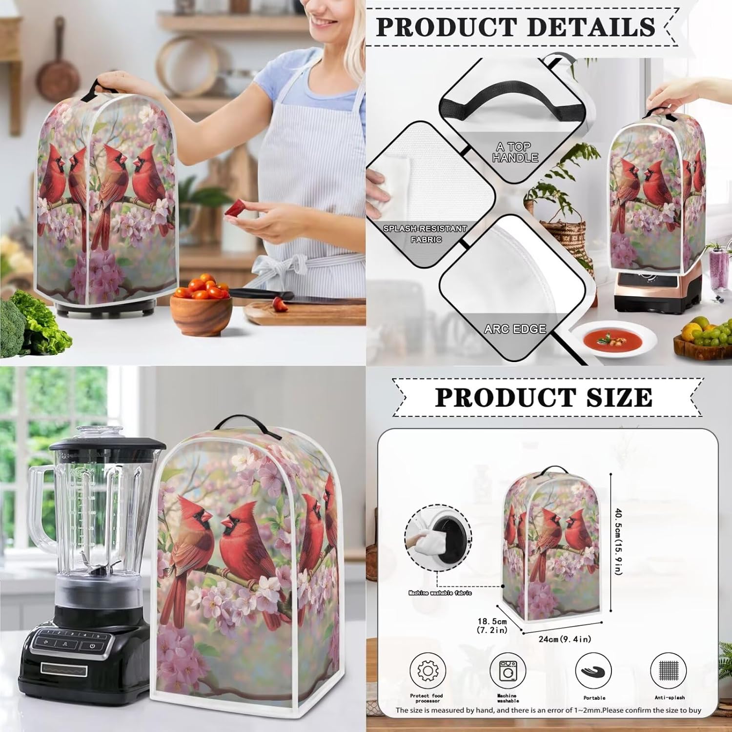 Talayituse Cardinal Cherry Blossom Print 2PCS Blender Cover Toaster Covers Food Processor Dust Cover Coffee Maker Covers Stand Mixer Covers Dust Protection Washable Toaster Oven Dustproof Cover, M