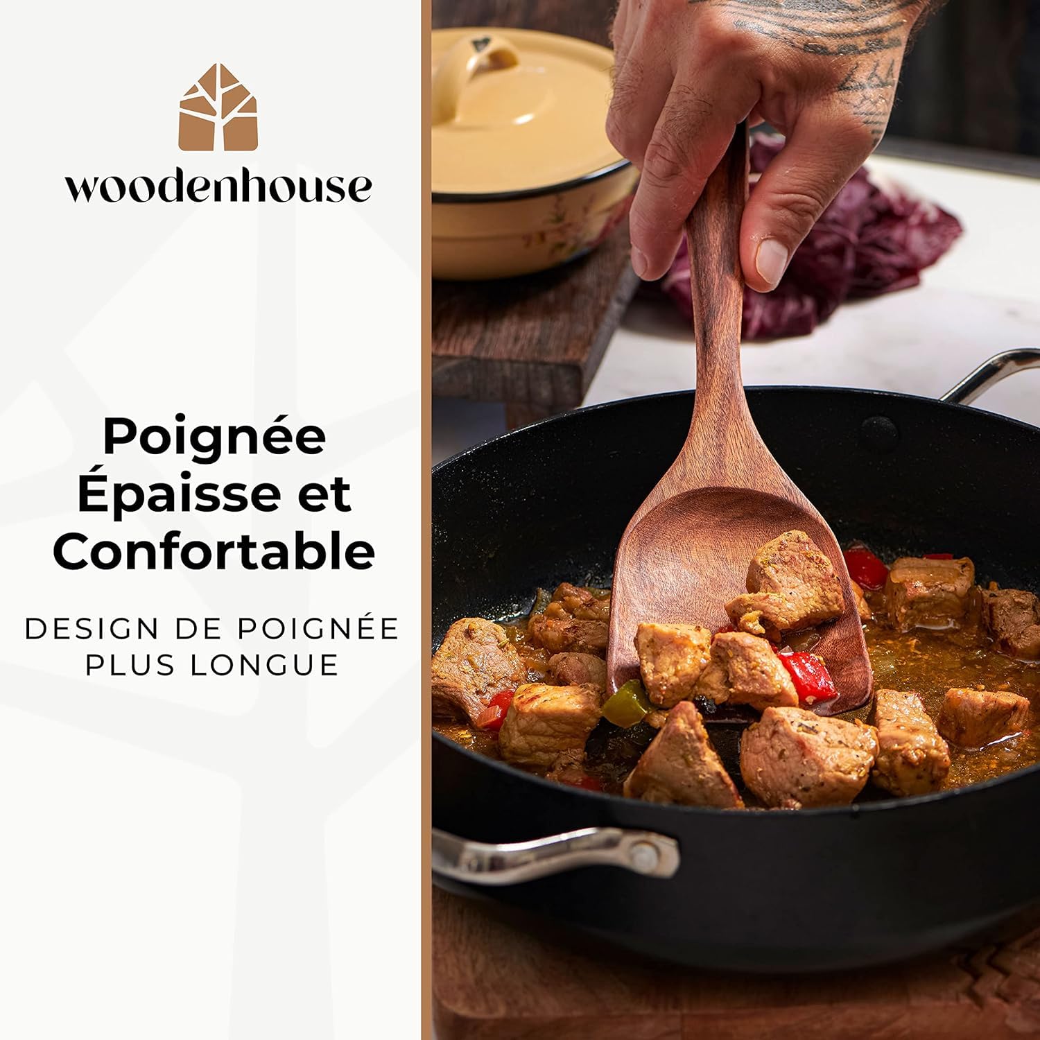 Ustensiles en Bois de Teck avec Support et Repose Cuillère - Cuillères et Spatule pour la Cuisine - Naturels et Sains Antiadhésifs - Ensemble 13 Pièces