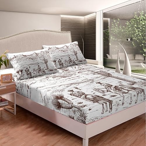 Miniatura 3 de Erosebridal Sábana bajera ajustable de vaquero, tamaño matrimonial, desierto salvaje oeste americano, rústico, ilustración dibujada a mano, para