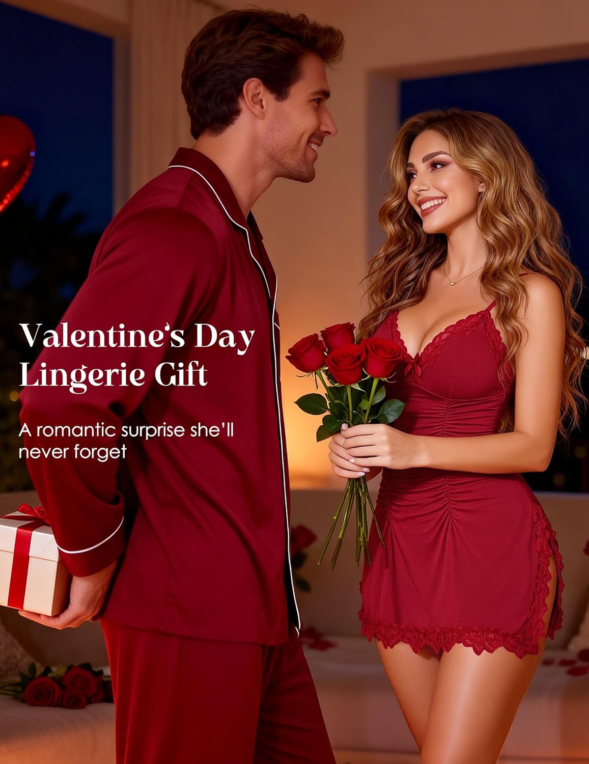 Nightgowns for Women Sexy Ruched Chemise Lingerie Side Slits Lace Trim Sleep Dress for Date Night or Sleeping - Image 2