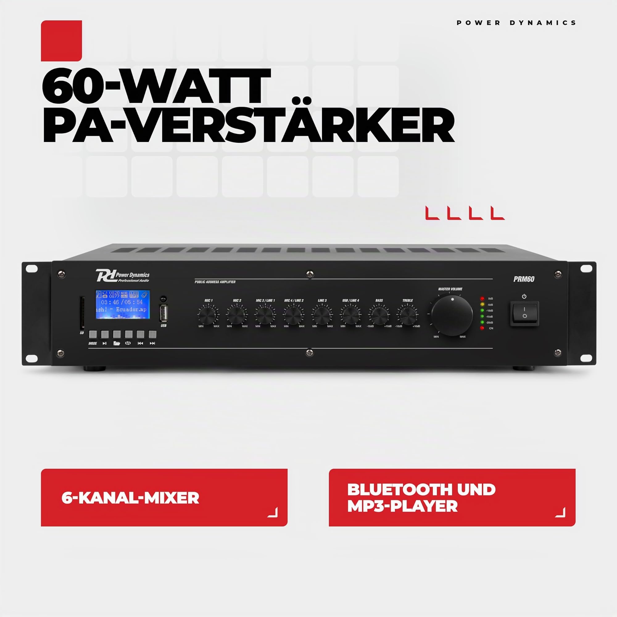 Power Dynamics PRM60 PA Endstufe - Verstärker für Lautsprecher und Musikanlagen, 100 Volt System, 60 Watt PA Verstärker, Bluetooth, MP3-Player, USB, SD, 2x Mic, Soundverstärker