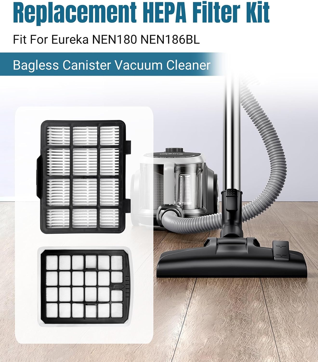 2 Set HEPA Filter Replacement Fit For Eureka NEN180 NEN186BL Bagless Canister Vacuum Cleaner,include 2 Dust Cup Filters Element and 2 HEPA Filters