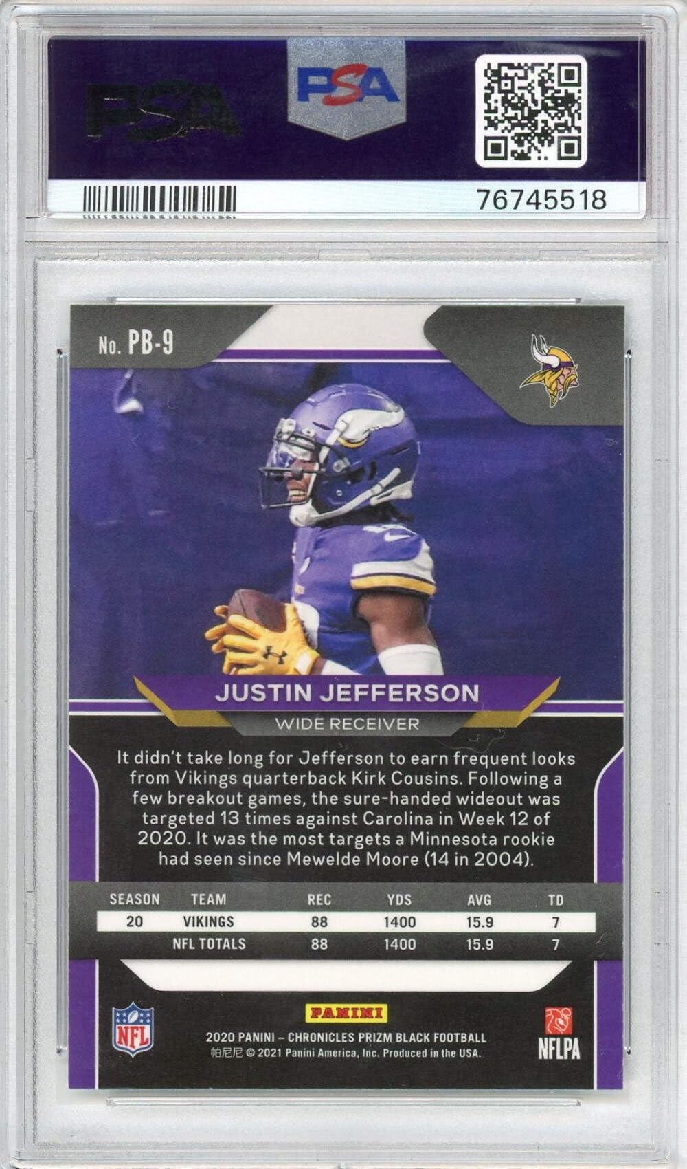 Graded 2020 Panini Chronicles Justin Jefferson #PB9 Prizm Black Rookie RC Football Card PSA 10 Gem Mint