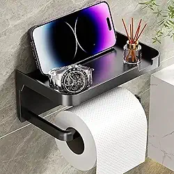 Porta Papel Higiênico com Suporte para Celular e Objetos, Instalação Sem Furos, Adesivo Forte, Design Moderno e Prático para Banheiro – Preto