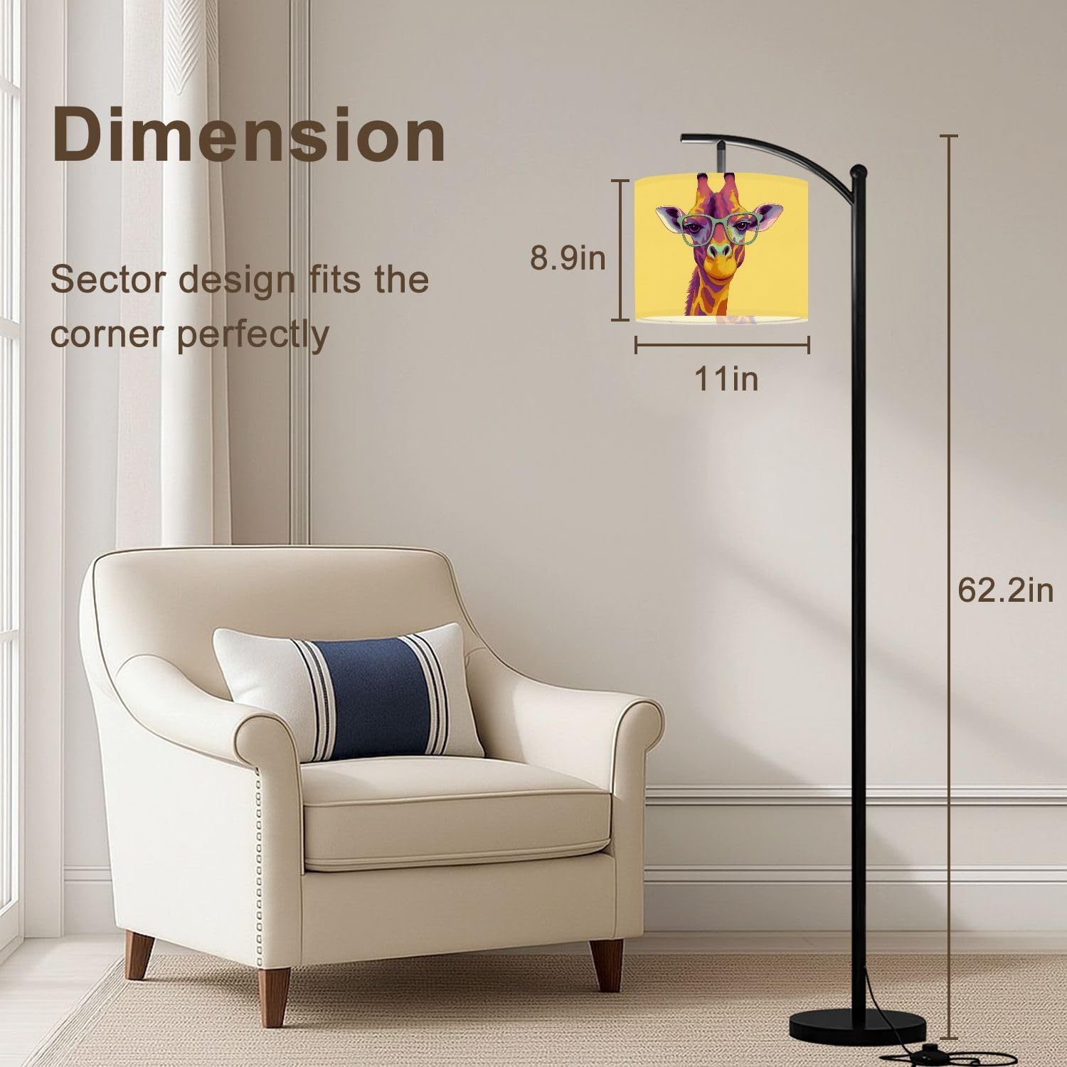 Arc Floor Lamp Colorful Giraffe Sunglasses Patterns Whimsical Expression Yellow Tall Standing Lamp Modern Dimmable with Remote Adjustable Drum Shade Footswitch for Living Room Bedroom Office