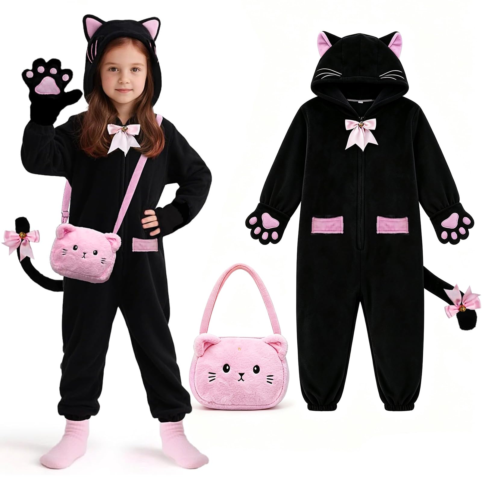 Kids Cat Costumes, Black Cat Costume for Girls with Cute Kitty Purse | Cat Ear Hood, Soft Tail, Paw Mittens, Bell Bows & Pink Kitty Purse for Halloween Dress-Up