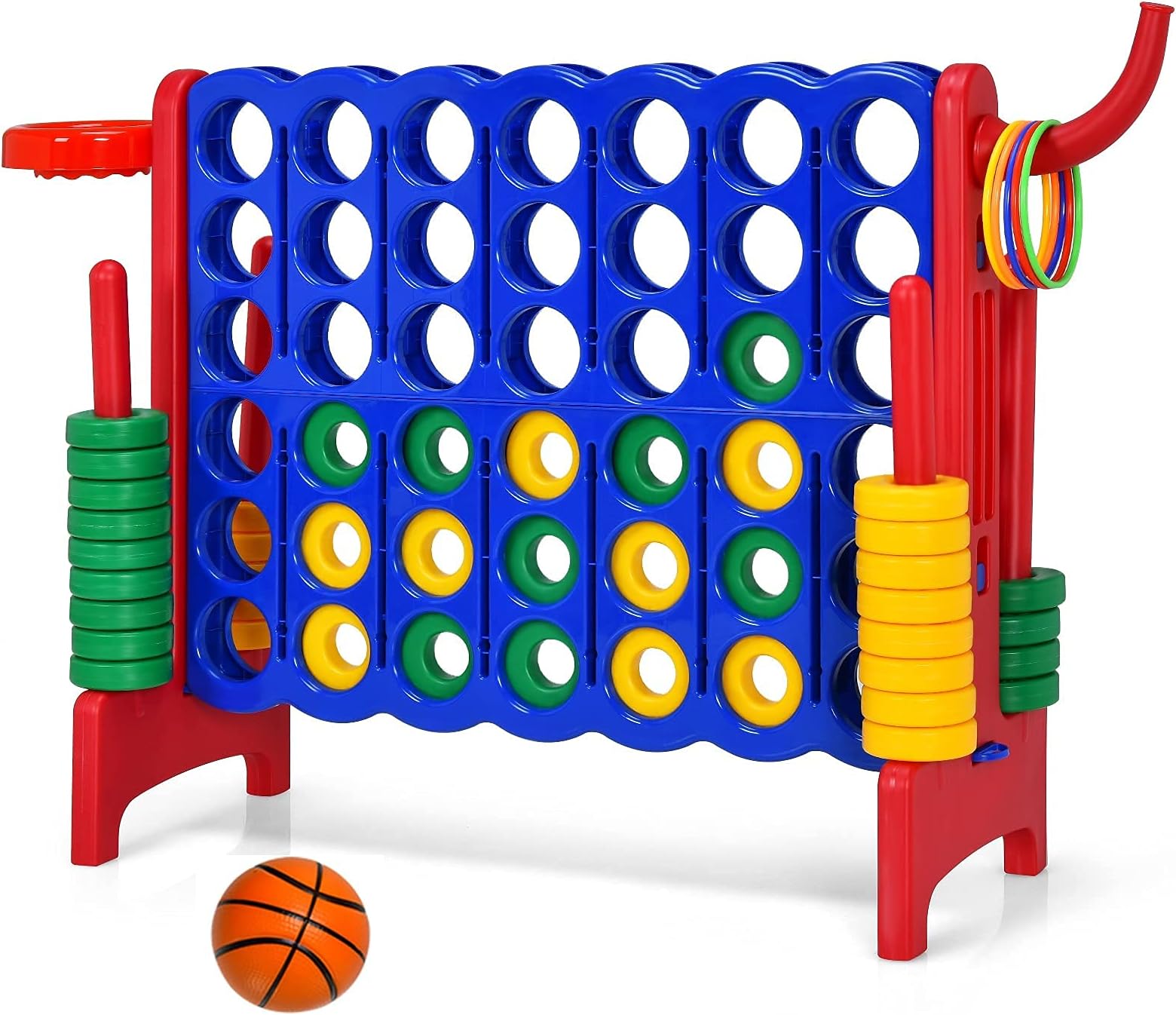 Costzon Giant 4-in-A-Row, Jumbo 4-to-Score Giant Game w/Basketball Hoop, Ring Toss, 42 Jumbo Rings, Indoor Outdoor Family Connect Game for Kids & Adults