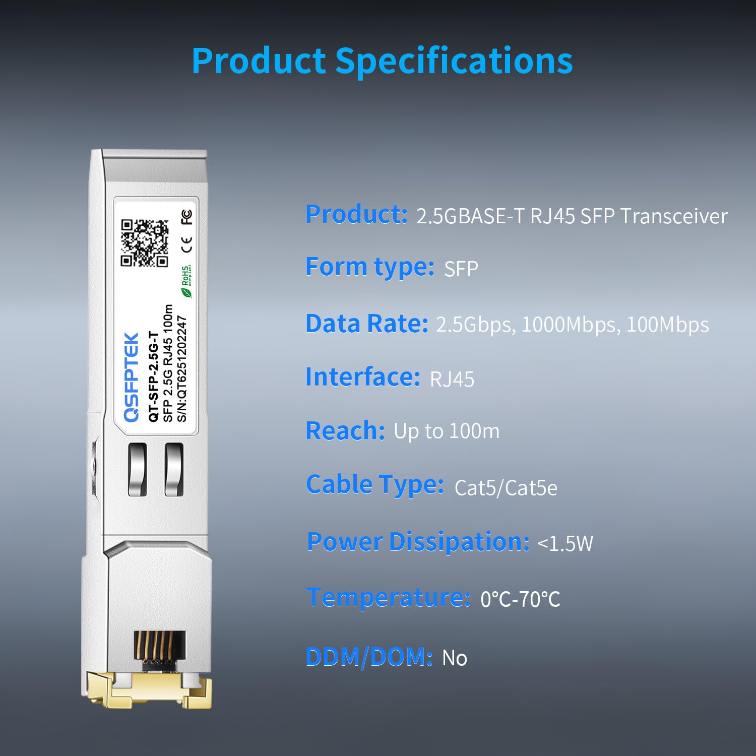QSFPTEK 2.5GBASE-T SFP a RJ45 Modulo, 2.5G Ricetrasmettitore Mini-GBIC Compatibile per Cisco SFP-2.5G-T, Ubiquiti, MikroTik, TP-Link Switch or Router, fino a 100m (Supporta solo la porta SFP 2.5G)