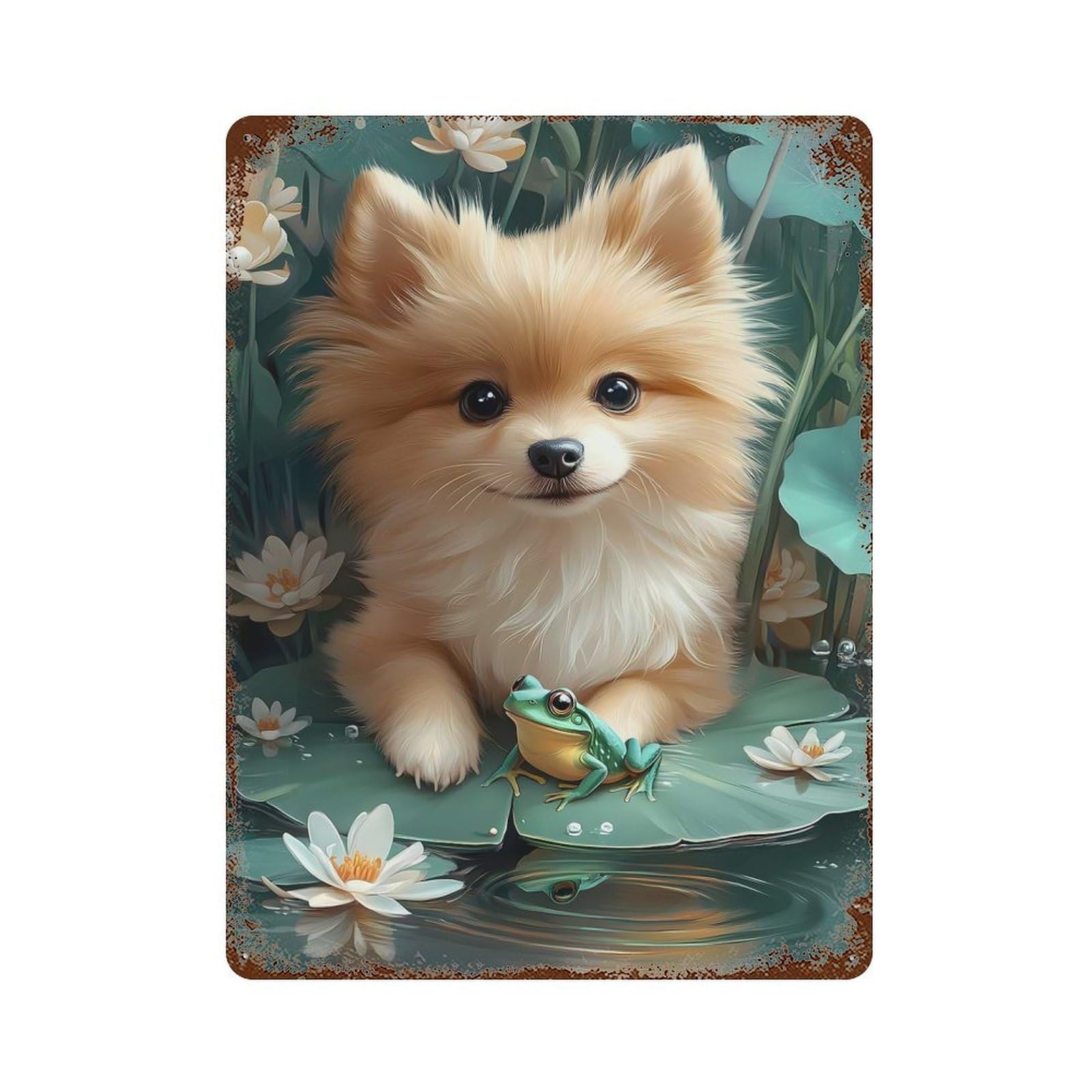Pomeranian And Frog Animal Rusty Metal Tin Sign 15.7"x11.8", Classic Wall Plaque for Pub, Kitchen And Man Cave Decor