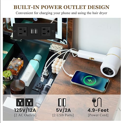 Miniatura 4 de Tocador Pequeño, Tocador Compacto para Niñas con Taburete y Toma de Corriente, Escritorio de Maquillaje con Espejo y Luz LED, Mesa de Tocador