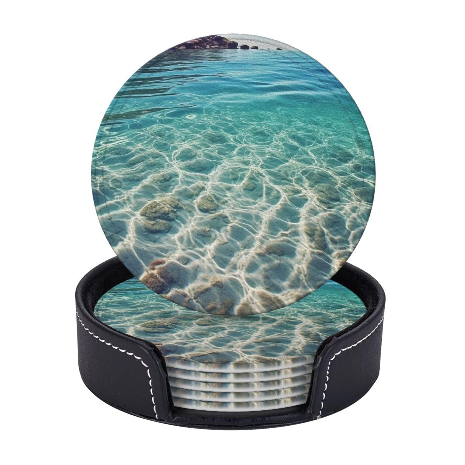6PCS Drink Coasters with Holder, 4" Leather Coasters for Drinks, Clear Sea Water Cup Coasters for Coffee Table Decor, Non-Slip Drinking Cup Mat for Hot or Cold Drink