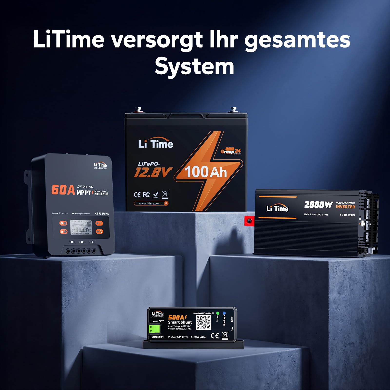 LiTime Smart Shunt 500A, Bluetooth Batteriemonitor 8V–120V mit SOC, Alarmen und Historischen Daten für Lithium-, LiFePO4-, AGM- und GEL-Batterien, für Wohnmobil, Boot und Heimspeicher