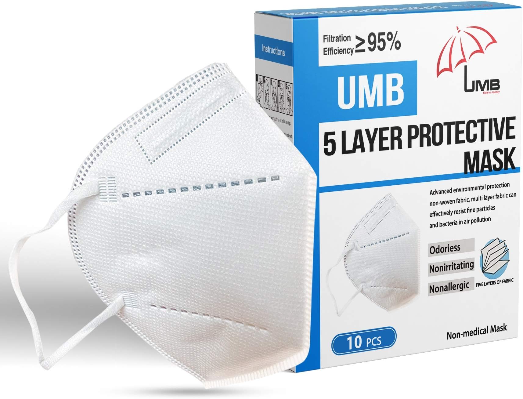 Face Mask Black, White, Grey Disposable Respirator Facemask Dust Mask (10 PCS) Large White