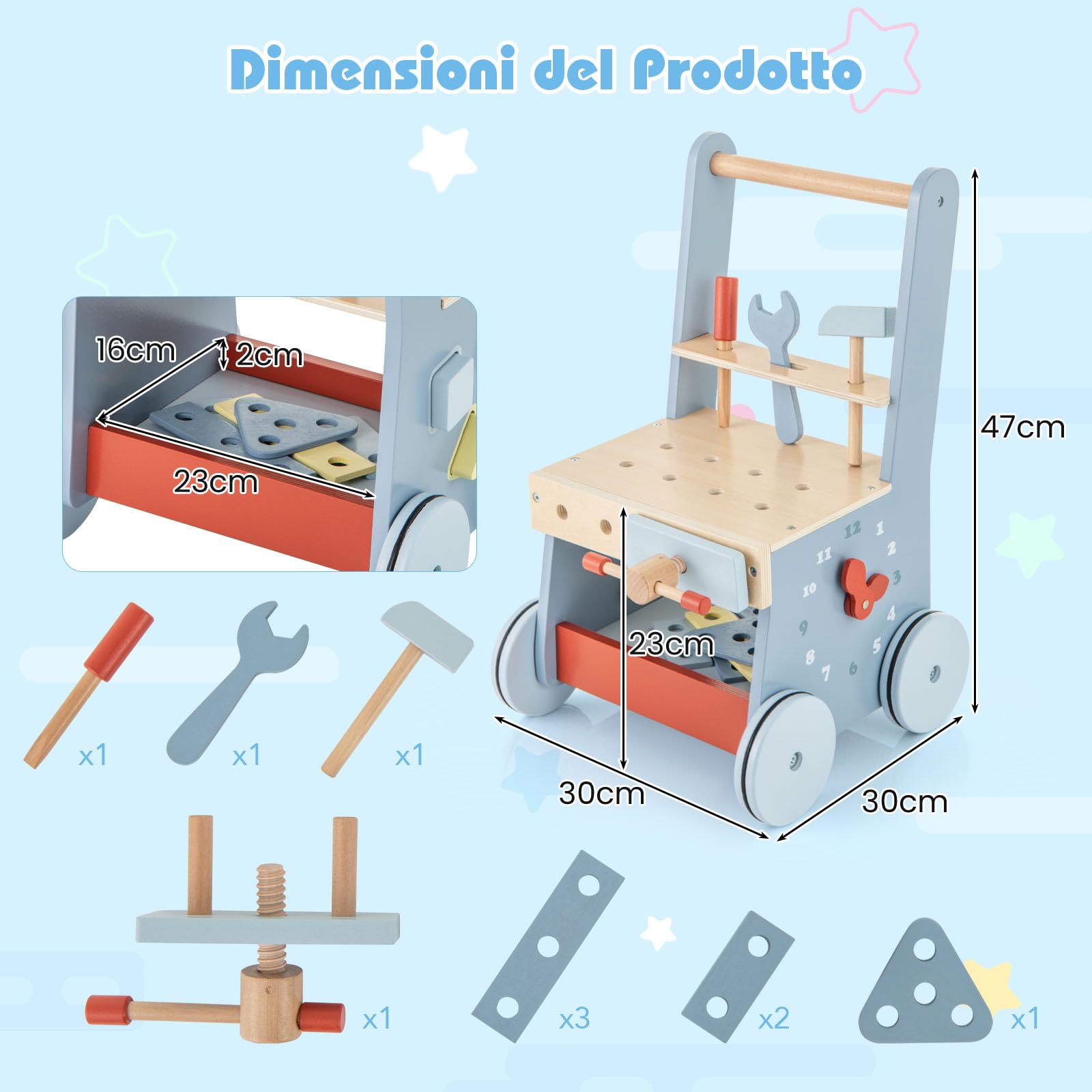 COSTWAY 2-in-1 Girello Neonato in Legno, Camminatore con Giocattoli e Attrezzi, Primi Passi per Bambini con Montessori, Carrello Primi Passi con Ruote, con Banco da Lavoro, per Bambini 3+ Mesi