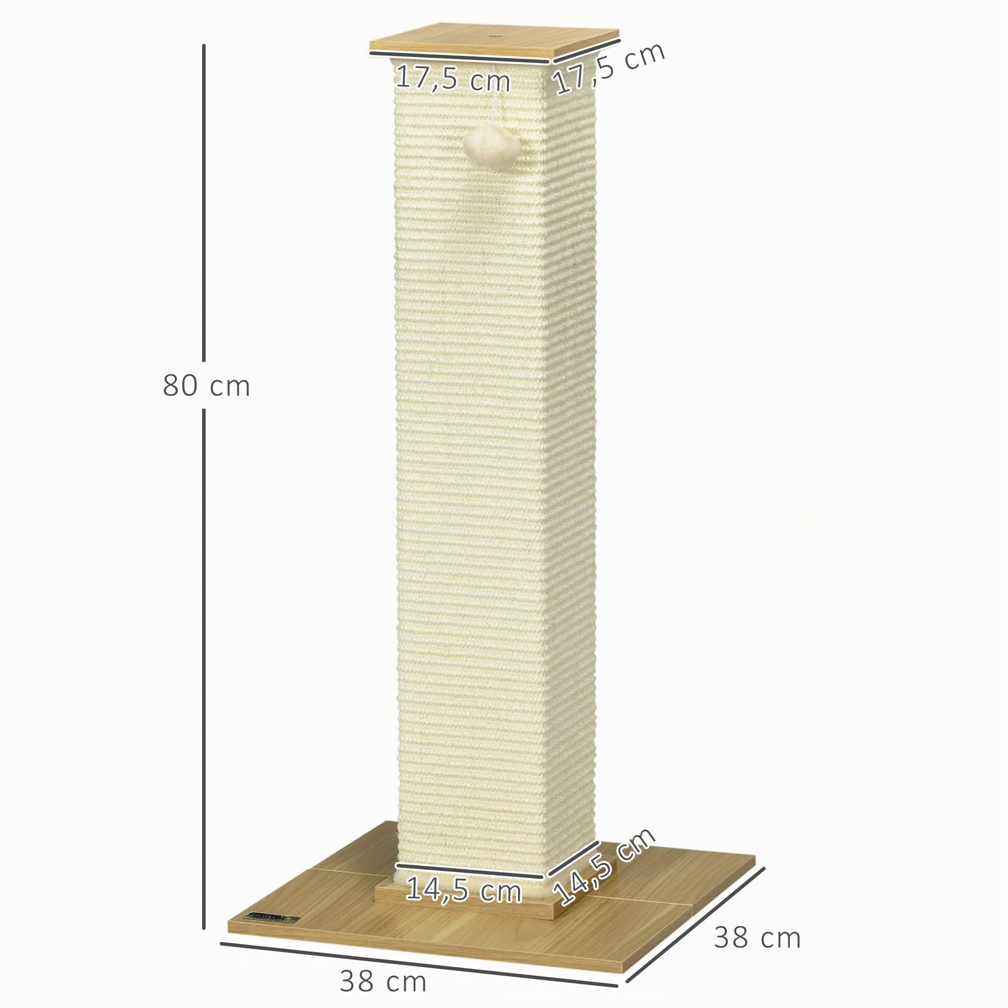 PawHut Poste Rascador para Gatos con Poste de Sisal 38x38x80 cm Roble | Árbol Rascador para Gatos, Bola Colgante, para Interiores