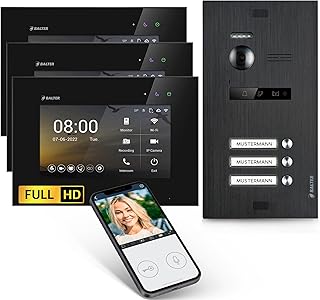 Balter EVO-HD Video Türsprechanlage, Video Türklingel mit Kamera, 3 Familienhaus Klingel, Smartphone App, 3X 7 Zoll HD Monitor, Full HD-Kamera, 2 Draht Bus, Gegensprechanlage mit 175° Weitwinkel