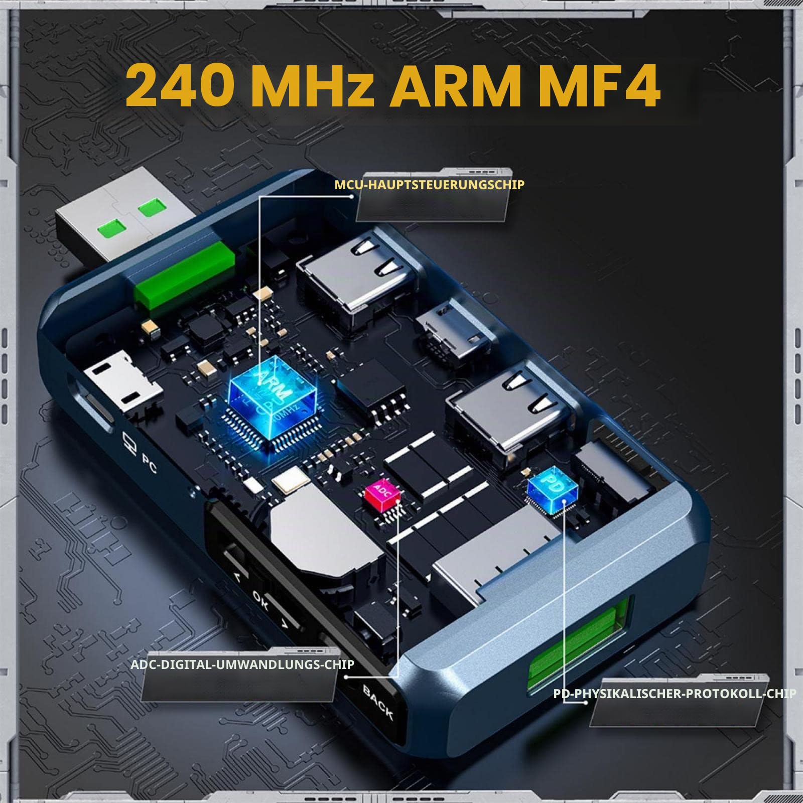 USB Tester Messgerät, USB Spannungsprüfer, USB-A/Micro-USB/Type-C Strommessgerät, PD Amperemeter Messgerät Digital Power Meter Farbe Display Spannung Strom Multi-function, Silber ohne Bluetooth