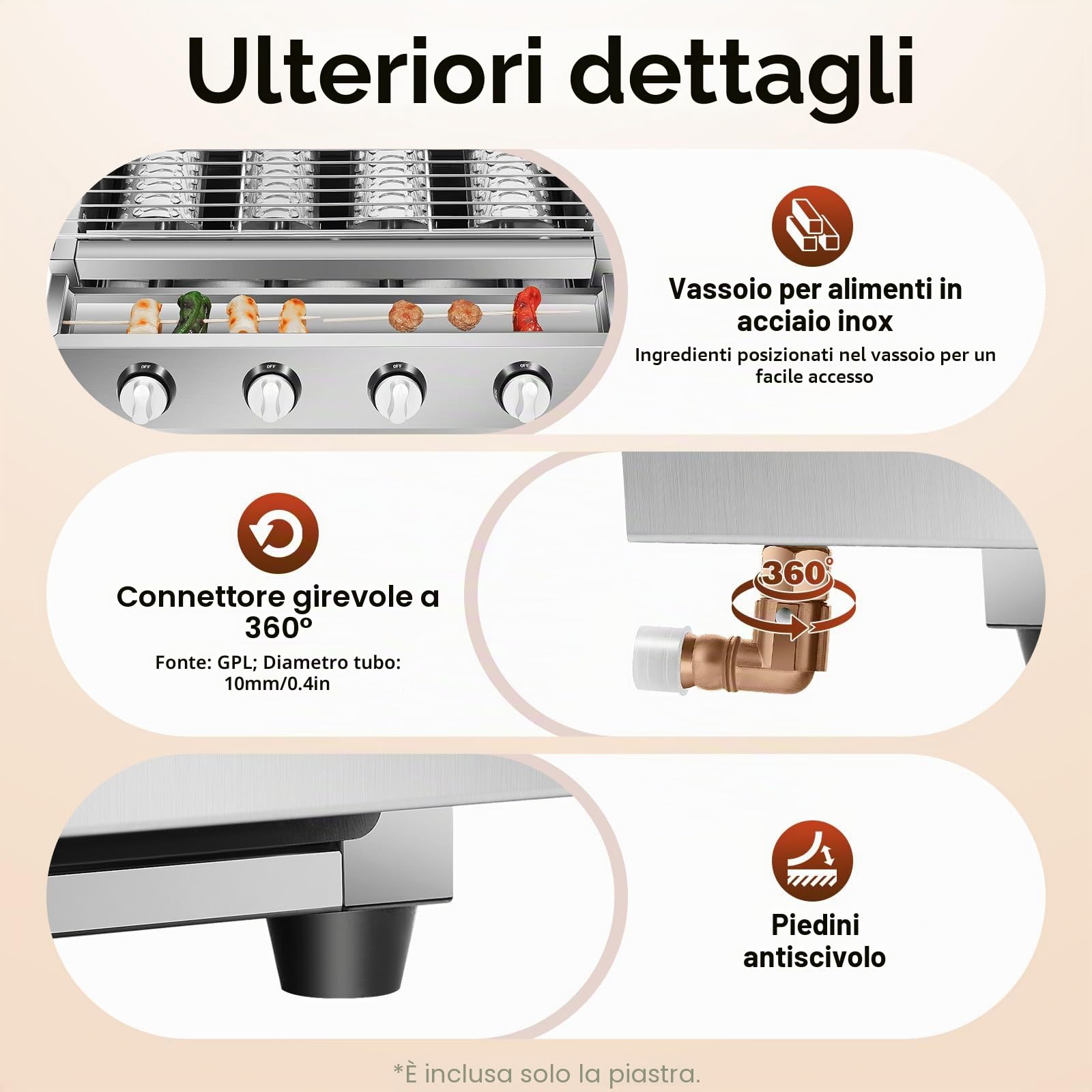 Barbecue a gas, in acciaio inox, bruciatore a 4 fuochi, GPL, tavolo