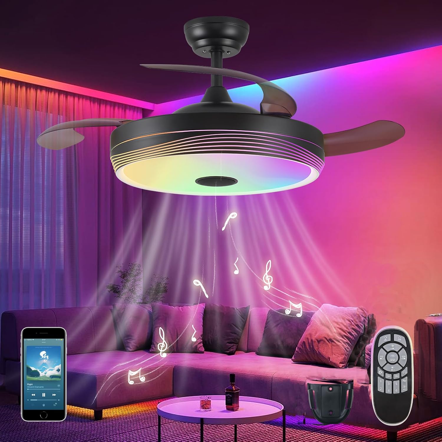 42 inch Modern Retractable Ceiling Fan with Lights and Remote Control, Dimmable Fandelier, Smart Ceiling Fan Light with Bluetooth Speaker, 6Speed,RGB, Black