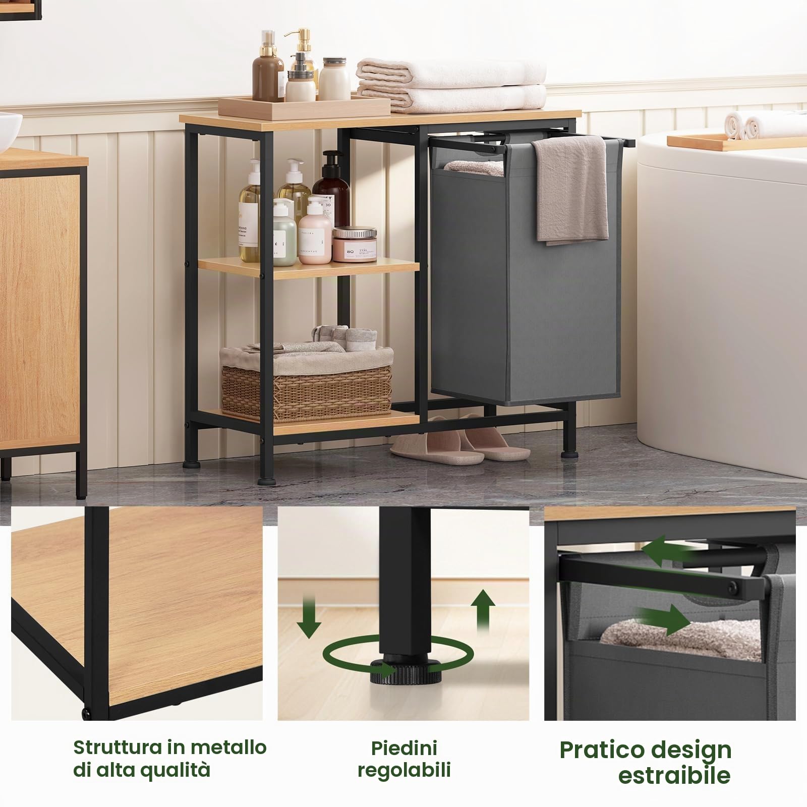 EUGAD Mobile Bagno con Portabiancheria, Sacco per Bucato Rimovibile, Mobile Lavanderia a 4 Livelli, Cesto per Il Bucato in Tessuto Oxford da 31 L, 70x30x65 cm