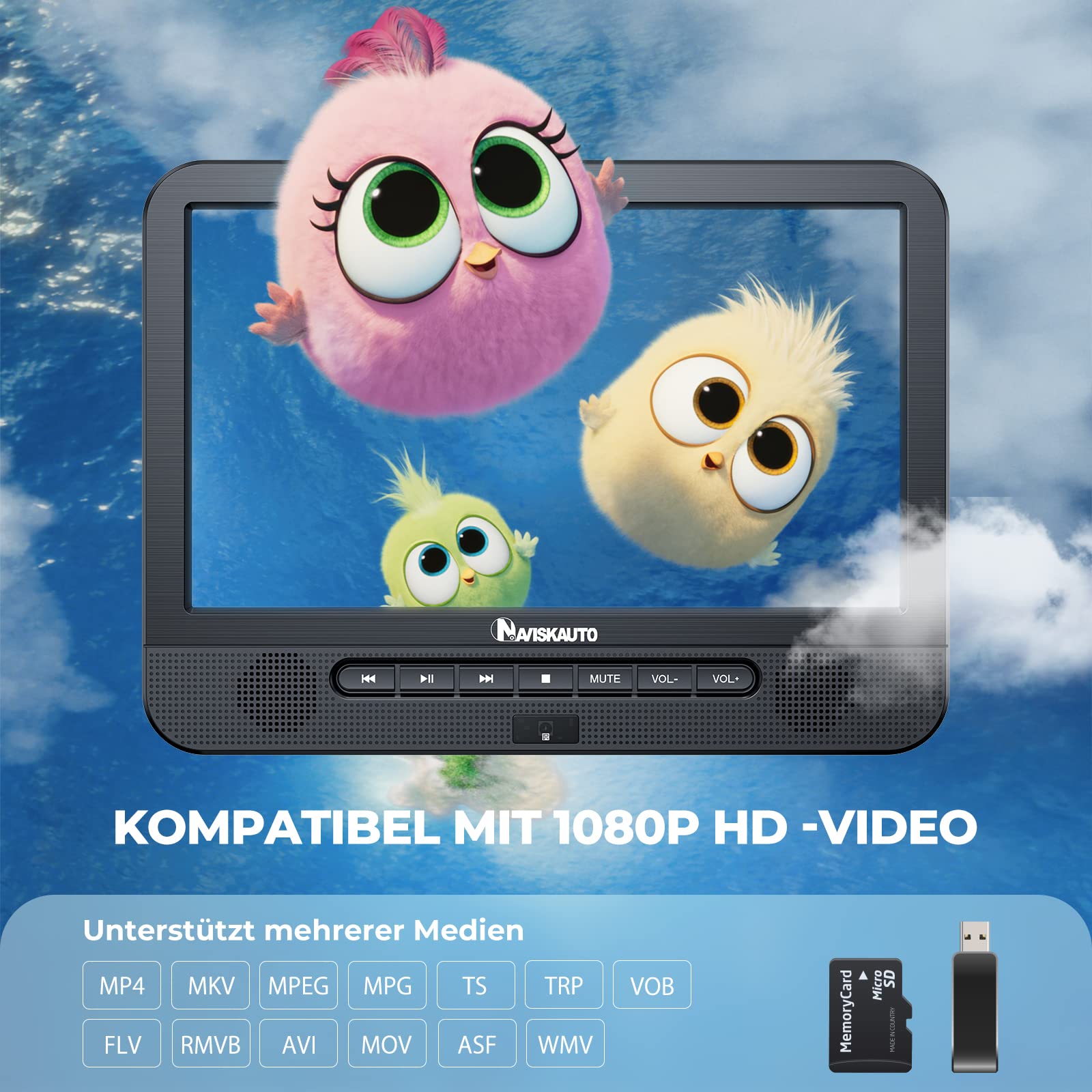 NAVISKAUTO Blu Ray DVD Player Auto 2 Bildschirme 10,1" Mit 4 Stunden Akku, tragbarer Bluray DVD Player 2 Monitore Kopfstütze HDMI Ausgang USB SD