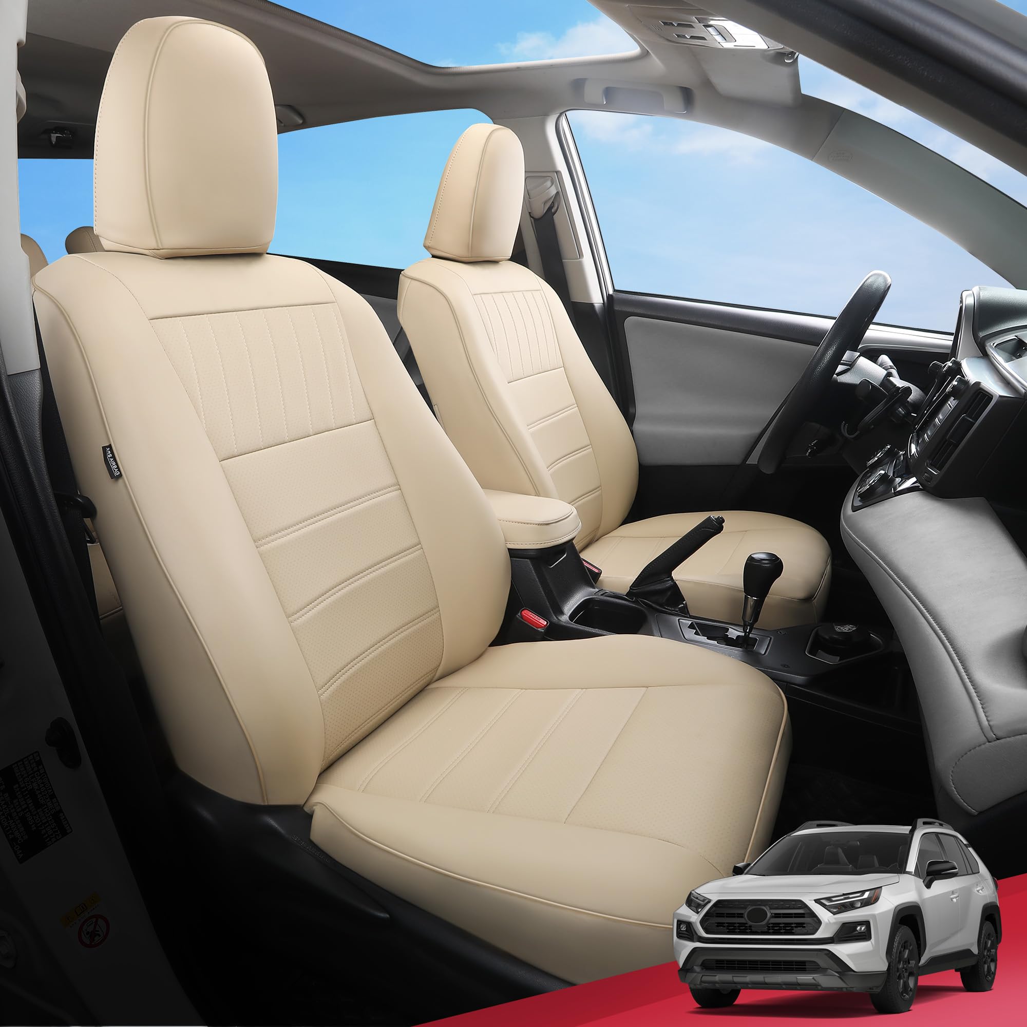 FREESOO RAV4 Custom Fit Waterproof Faux Leather Seat Covers - Full Set Beige for Toyota RAV4 2013-2018 LE