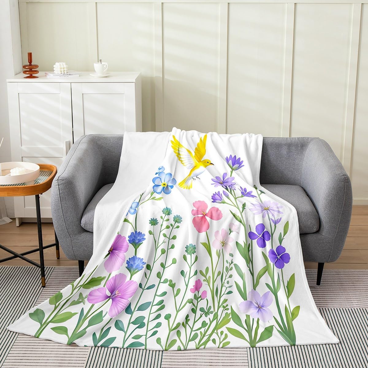 jejeloiu Hummingbird Flannel Blanket Baby 30"x40" Kids Blossoming Iris Flowers Polar Fleece Throw Groovy Flower All Seaon Cozy Blanket for Bed Couch Chair Living Room Cozy Fleece Throw Room Decor