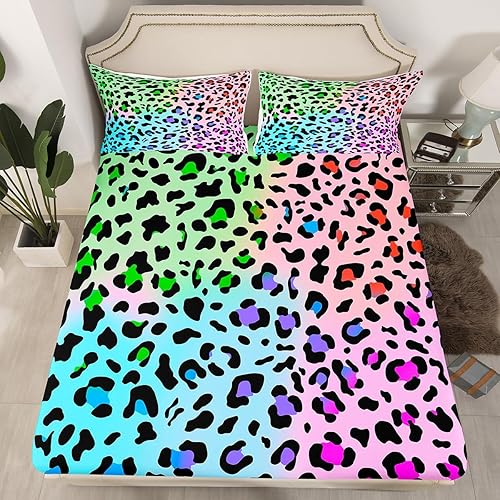 Erosebridal Sábanas de cama coloridas con estampado de leopardo, sábana bajera ajustable tamaño Queen para niños, adolescentes y adultos, ropa de