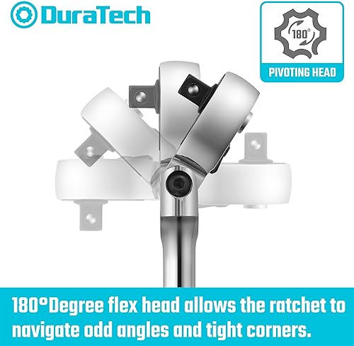 Miniatura 5 de DURATECH Mango de trinquete de 1/4 pulgadas con cabeza flexible, llave de trinquete de 72 dientes, liberación rápida, interruptor reversible