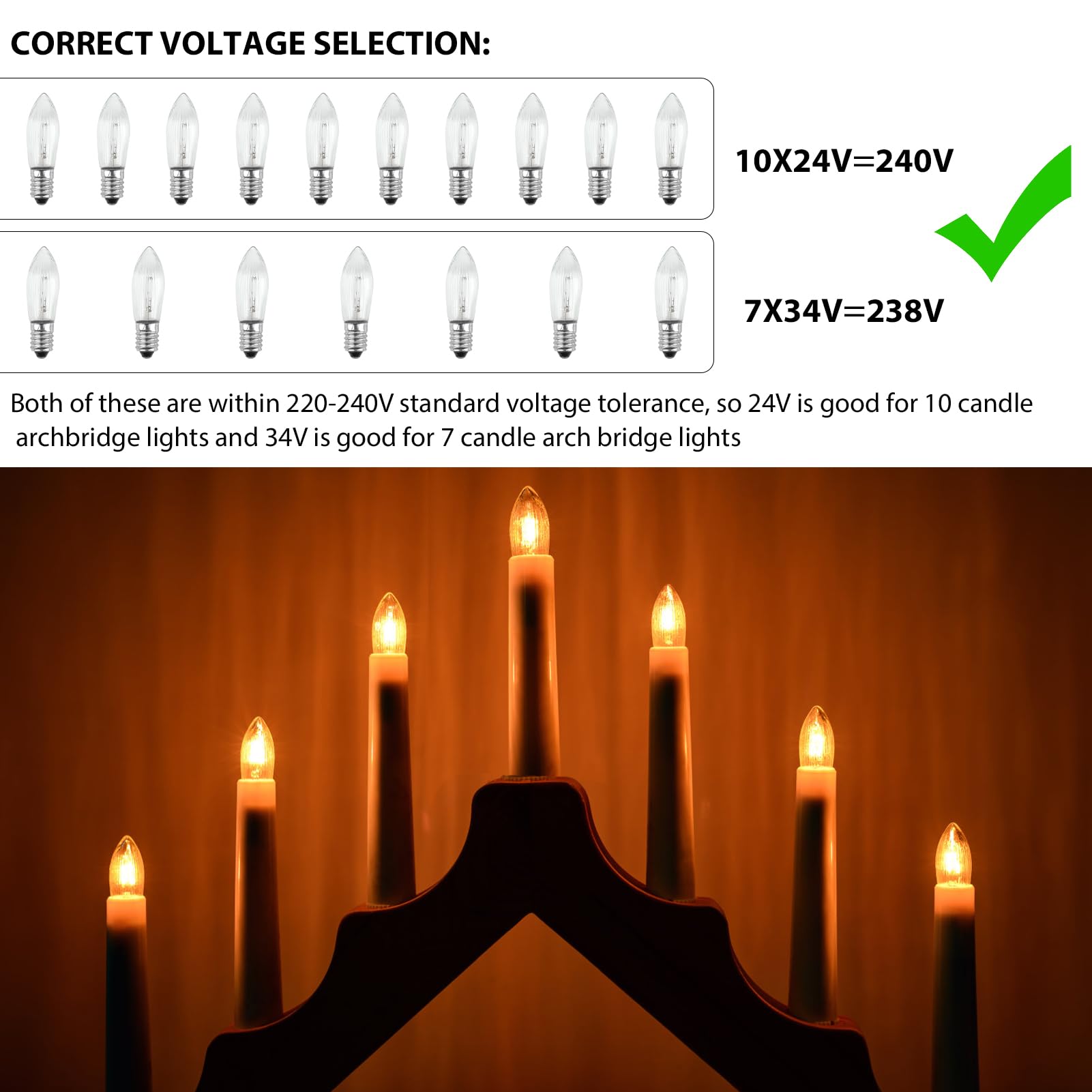 Sangcca E10 Candle Bulb 3Ẉ 34V, 10 Pack Candle Replacement Light Bulbs, Candles Arch Bridge Bulb Warm White 2700K - Image 4
