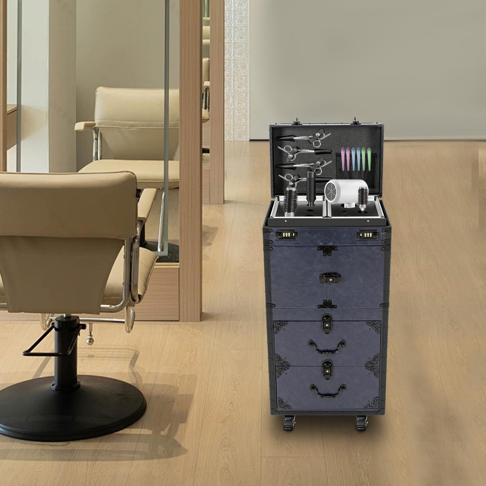 Profi Kosmetikkoffer Trolley mit Rollen, Großer Schminkkoffer 4-in-1 Mehrlagig, Abschließbarer Visagistenkoffer für Friseure & Nageldesign, Retro PU-Leder, Mobil & Stabil, Dunkelblau