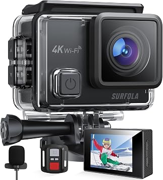 Surfola Action Camera 4K 30fps 20MP EIS Image Stabilization Dual Color Screen Underwater Sports with Microphone 170 Degree Fisheye Lens Remote Control with Two Batteries Wearable Abundant Accessories