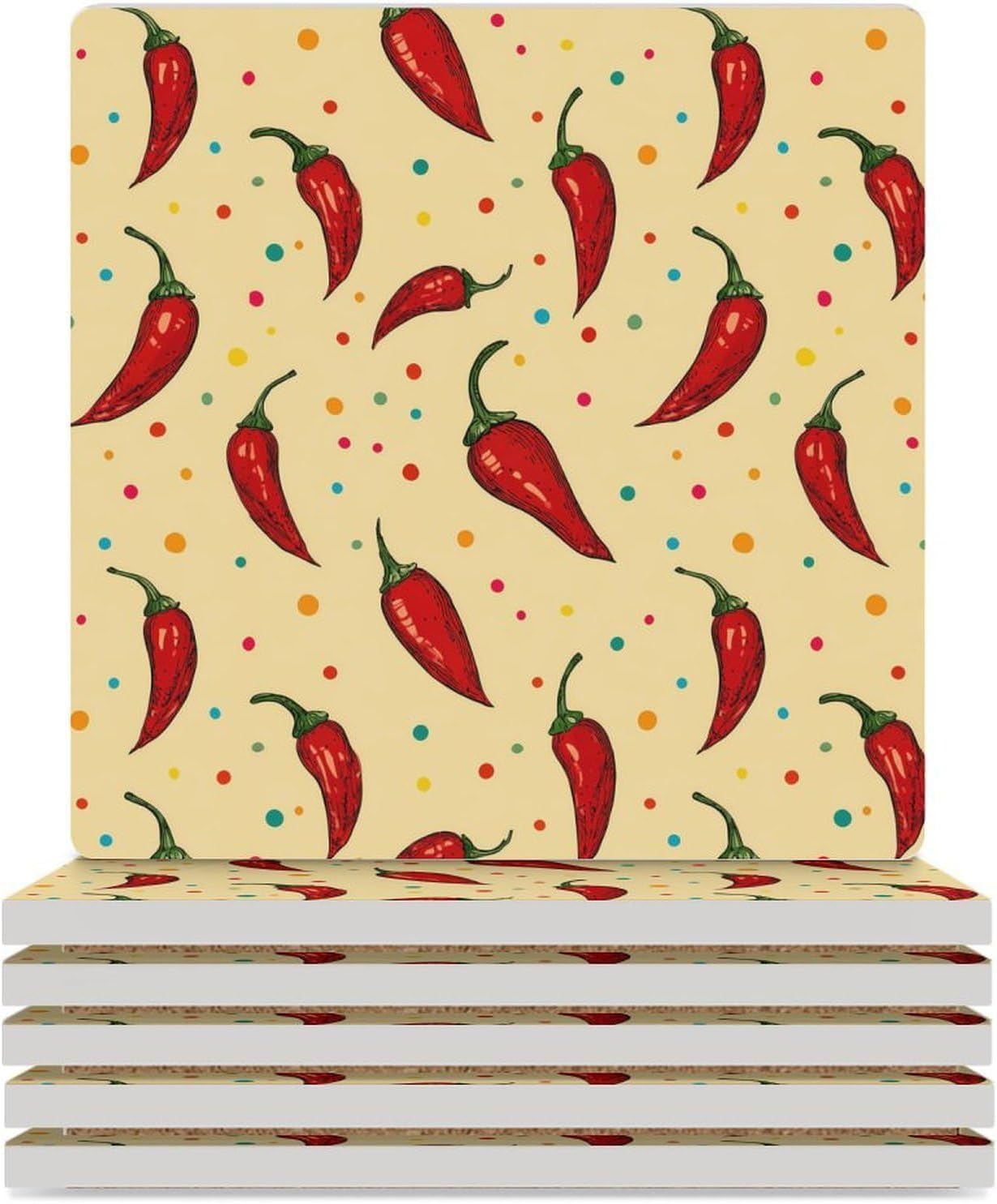 Hot Chili Peppers Colorful Dotted Coaster for Drinks Square Ceramic Table Coasters Stone Mat Crafts 4PCS Home Kitchen Decor