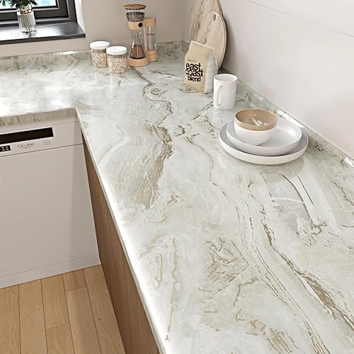 Miniatura 1 de Papel adhesivo de mármol beigedorado de 15.8 x 236 pulgadas, papel tapiz de mármol brillante para despegar y pegar para baño, cocina, rollo de