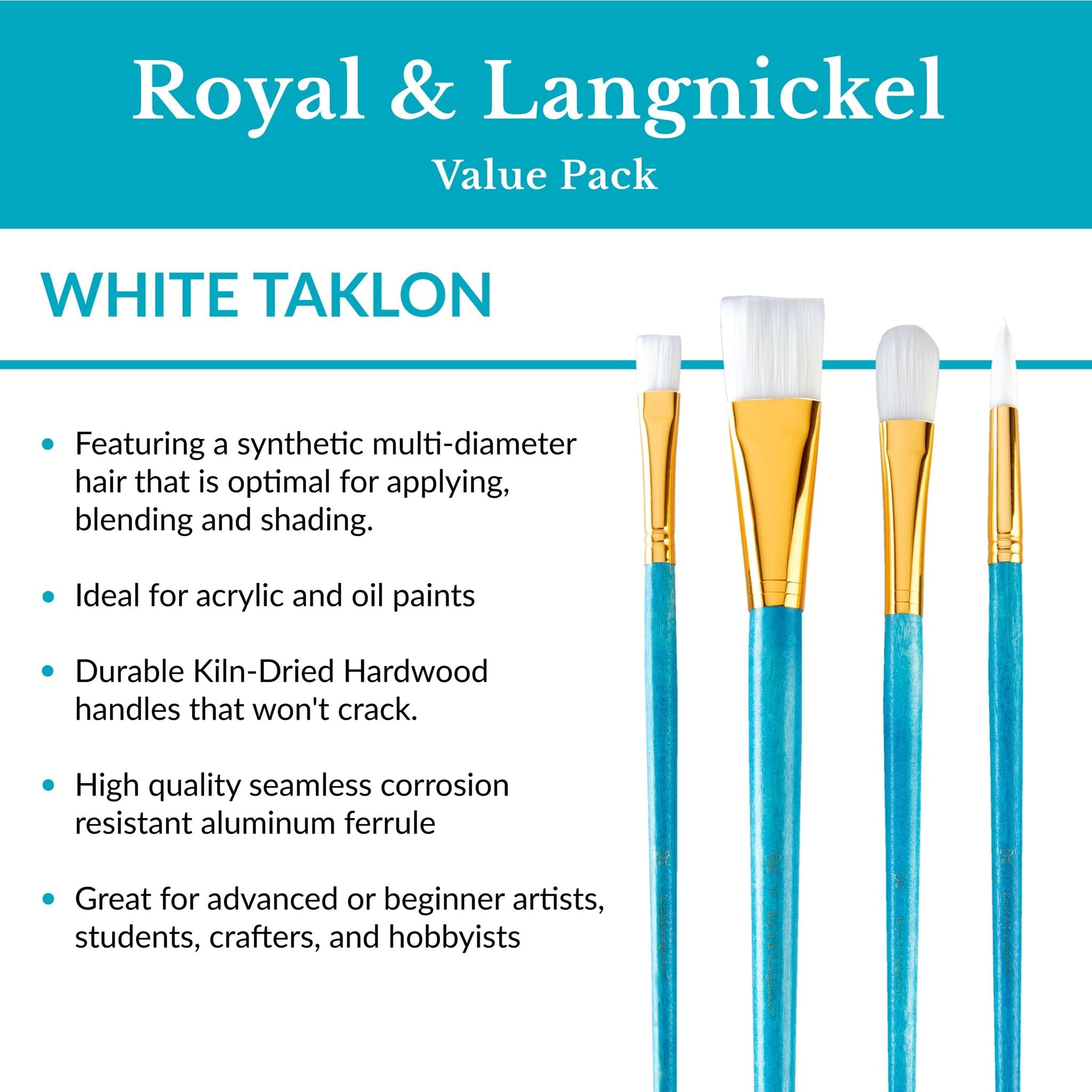 Royal & Langnickel Fächerpinsel Set – 4-teilig, Weiße Taklon Borsten, Für Acryl & Ölfarbe