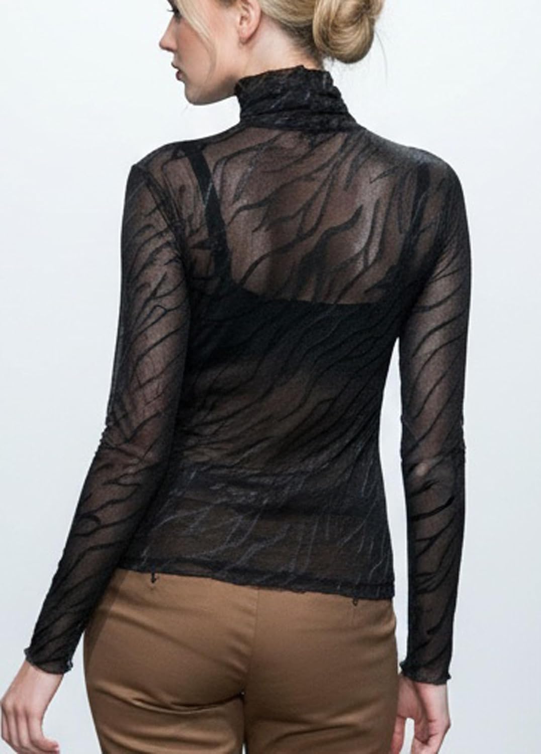 METWAY Black Sheer Top Women Mesh Long Sleeve Tops Lace Turtleneck See Through Undershirt Sexy Blouse Going Out T Shirt - Image 2