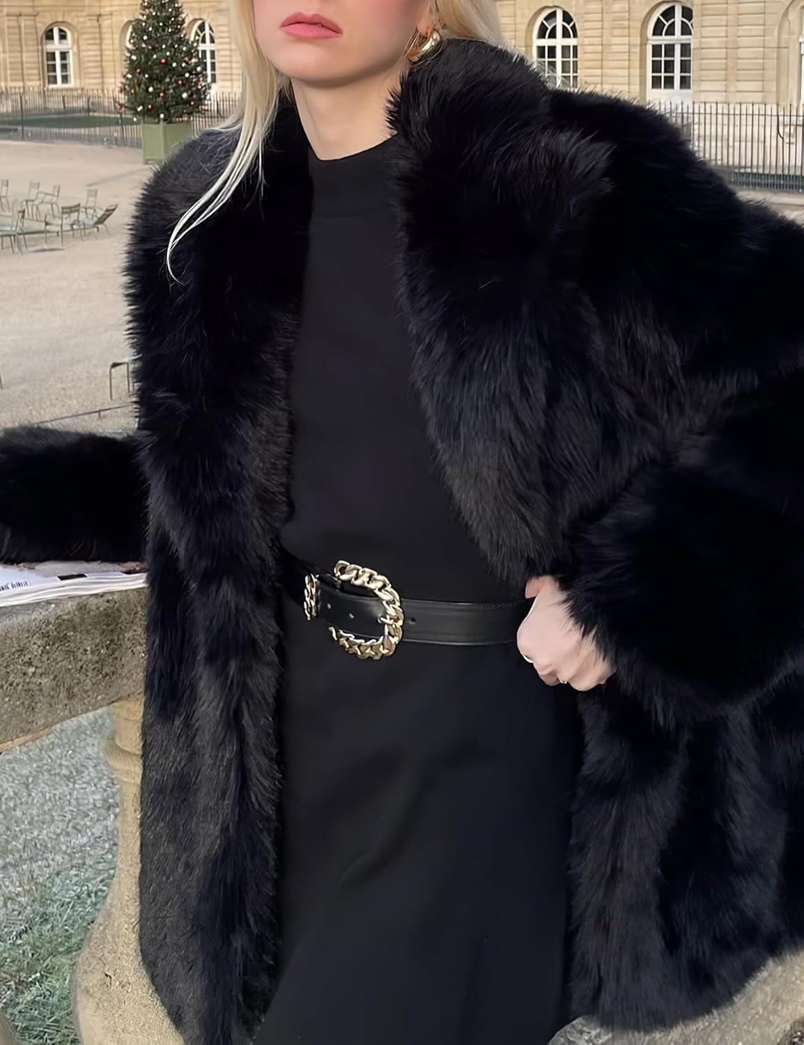 PEHMEA Women's Mid-Length Faux Fur Coats Winter Warm Fuzzy Jackets Lapel Fashion Luxury Fluffy Shaggy Parka Coat - Image 5