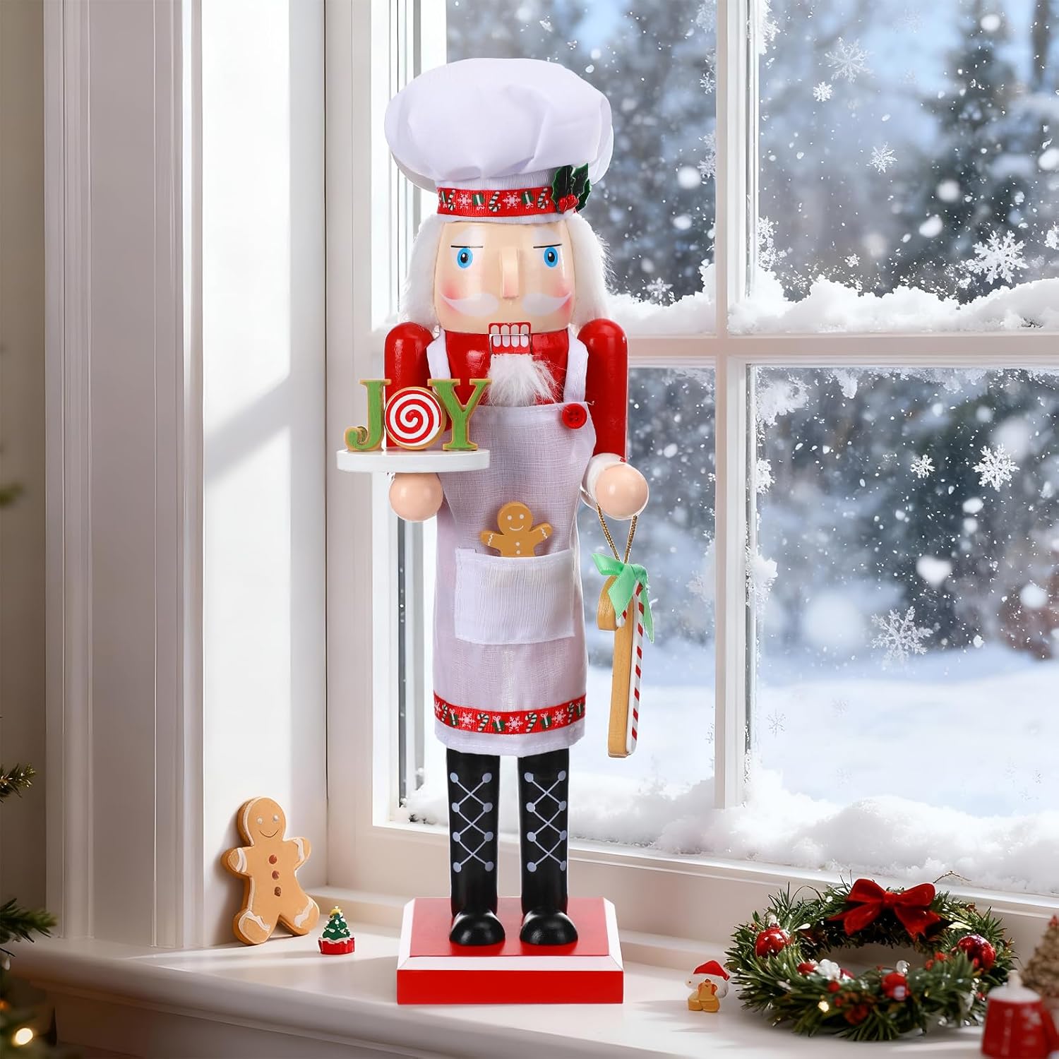 Blosssound 15 Inch Christmas Chef Nutcracker Decorations Wooden Baking Nutcracker Figurine Joy Candy Gingerbread Apron Design Winter Christmas Holiday Table Home Decor Festive Party Favor Supplies